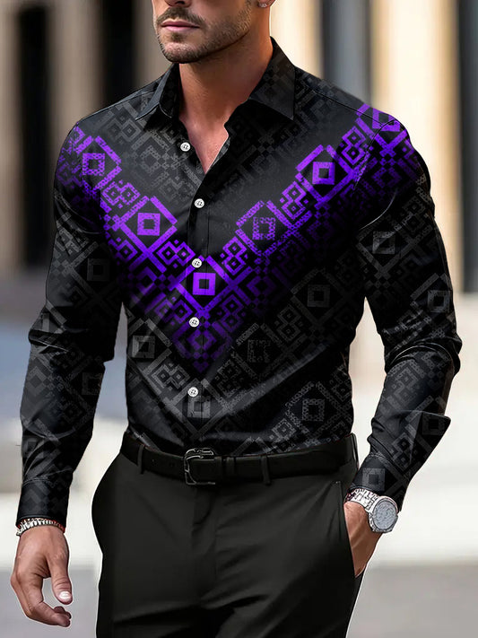 Мъжки реколта абстрактна геометричен модел с дълги ръкави риза