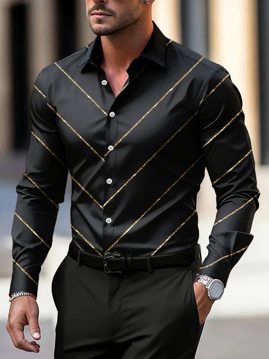 Мъжки реколта злато райета бизнес с дълги ръкави риза