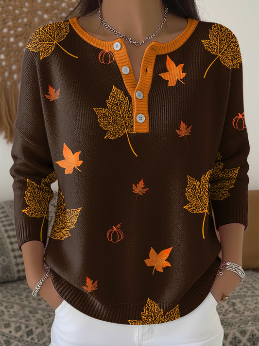 Женска благодарност есен лист изкуство v-neck top