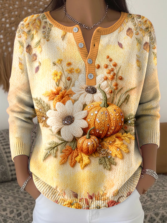 Жените благодарност цветен тиква изкуство v-neck top