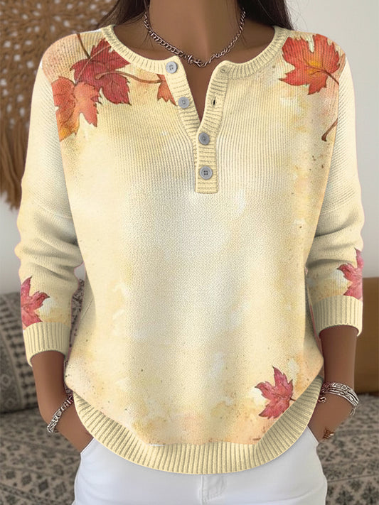 Жените кленов лист минималистичен благодарност хенли врата пуловер